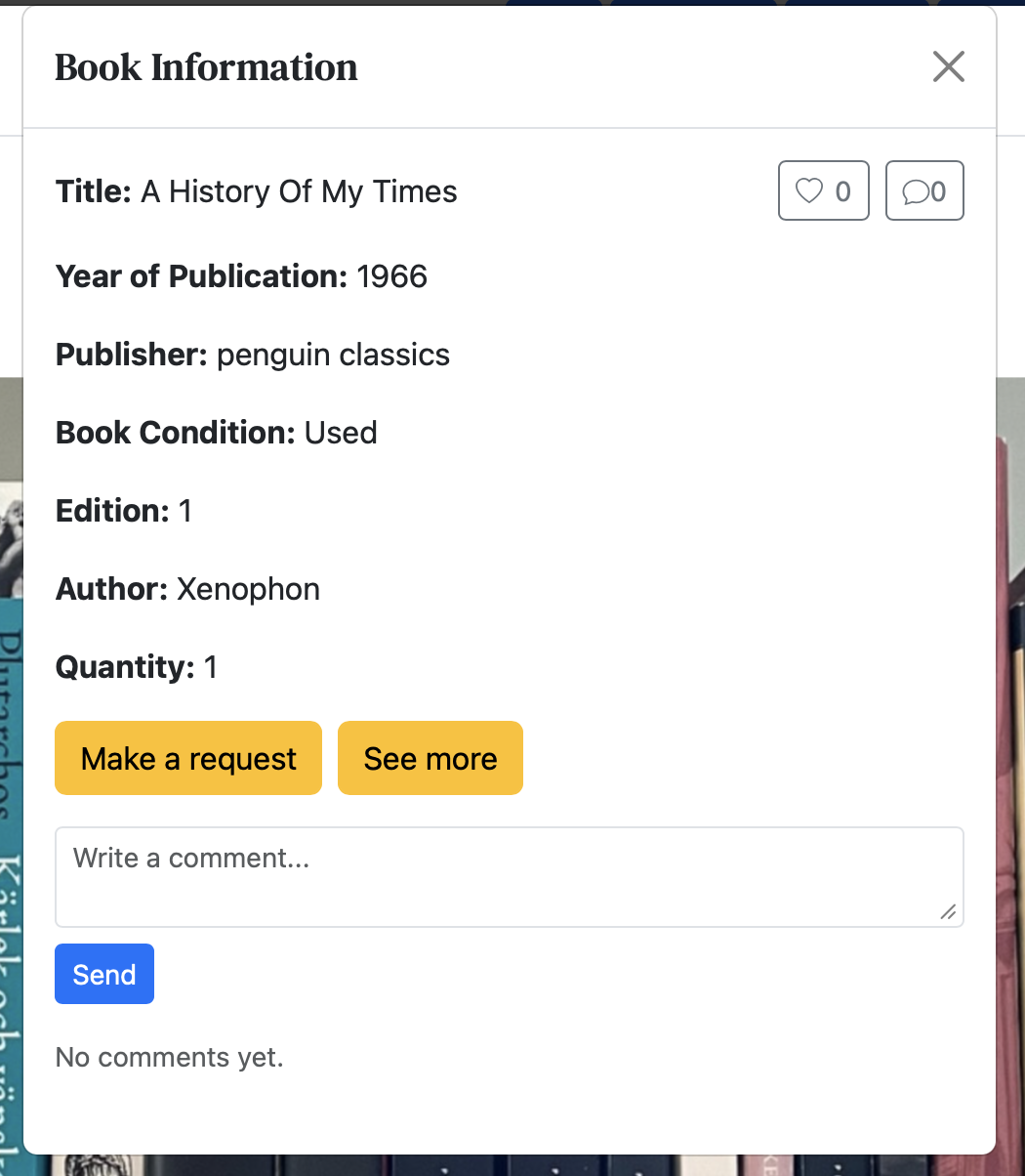 Book information modal with like, comment and request options