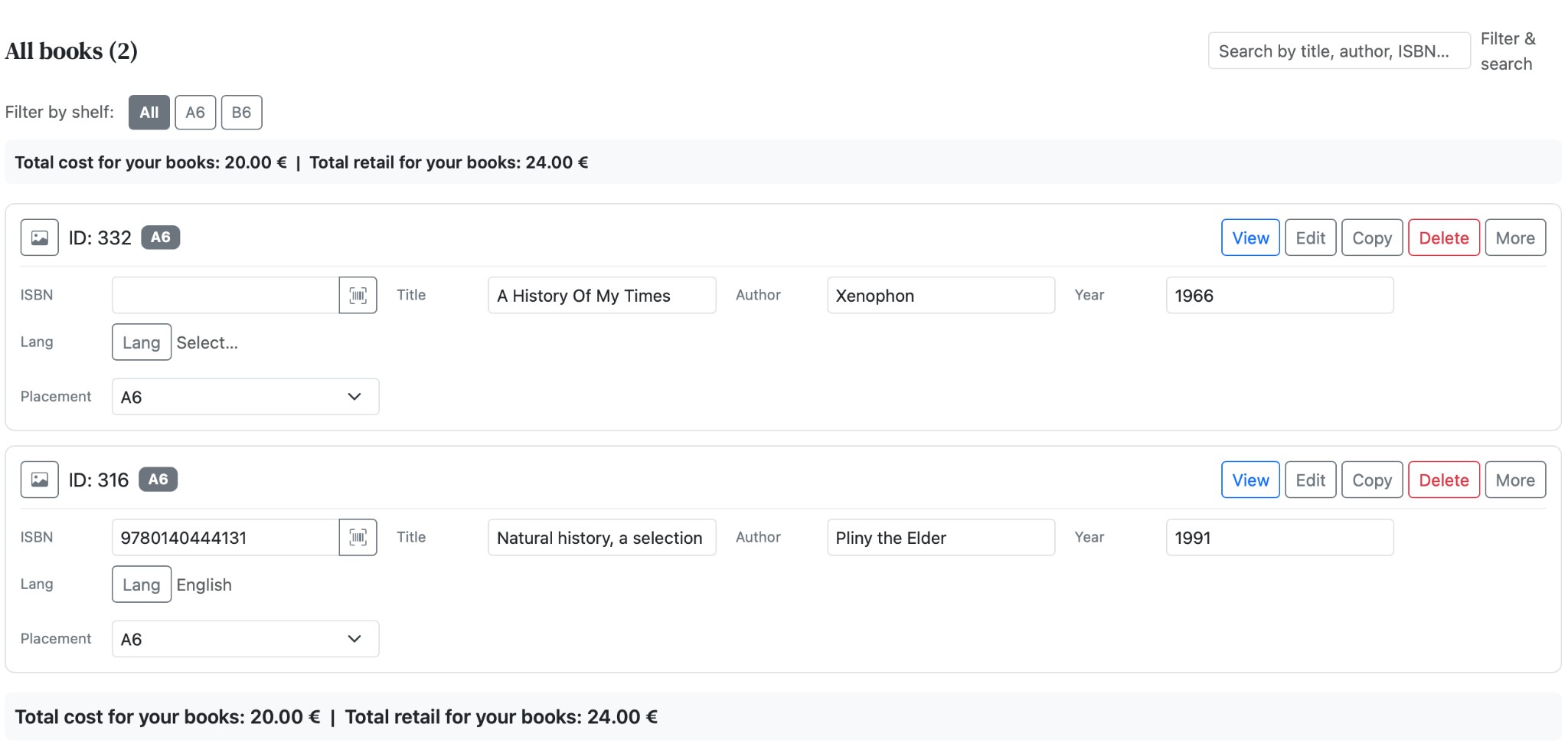Book list with filter by shelf, search, and cost summary